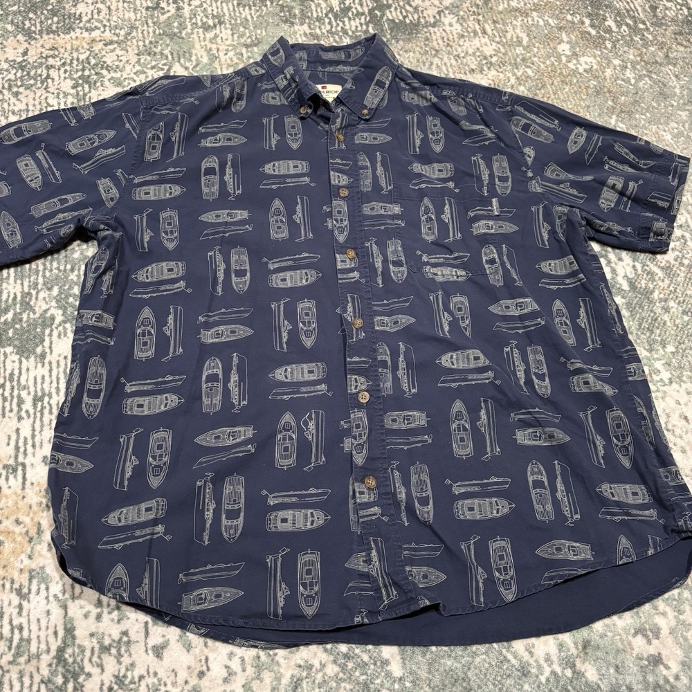 Woolrich Button Up Shirt Navy Blue Boat Print Short Sleeve Size XL